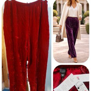 NEW EILEEN FISHER SMALL Silk Blend Crushed Velvet Burgundy Side Zip Pants $178